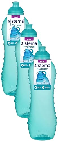 Sistema Twist 'n' Sip Squeeze Sports Water Bottle, Leakproof Water Bottle, BPA-Free, Assorted Colours, 620 ml (Pack of 3)