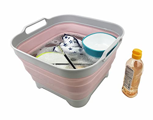 Sammart 10L (2.64 Gallon) Collapsible Dishpan With Draining Plug - Foldable Washing Basin - Portable Dish Washing Tub - Space Saving Kitchen Storage Tray (Grey/Pale Pink) #TOP4