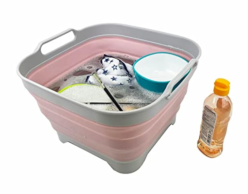 SAMMART 10L (2.64 Gallon) Collapsible Dishpan with Draining Plug - Foldable Washing Basin - Portable Dish Washing Tub - Space Saving Kitchen Storage Tray (Grey/Pale Pink)