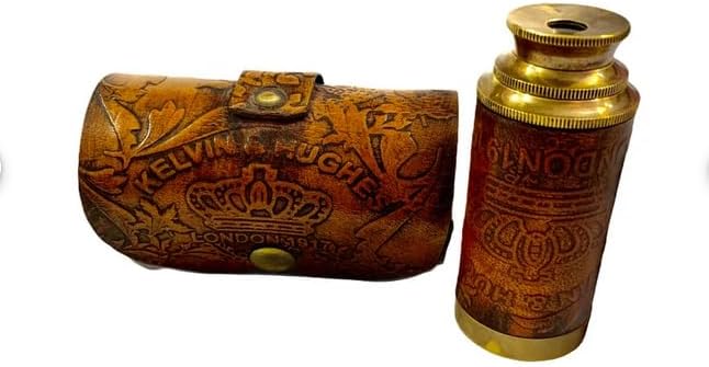 6" Engraved Leather Brass Pocket Telescope, Nautical Pirate Spyglass Scope, Home Decor Gift