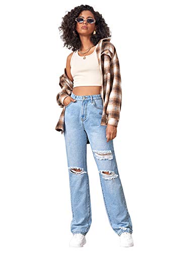 Sweatyrocks Women's Ripped Straight Leg Jeans High Waist Distressed Cutout Denim Pants Light Blue M #TOP4