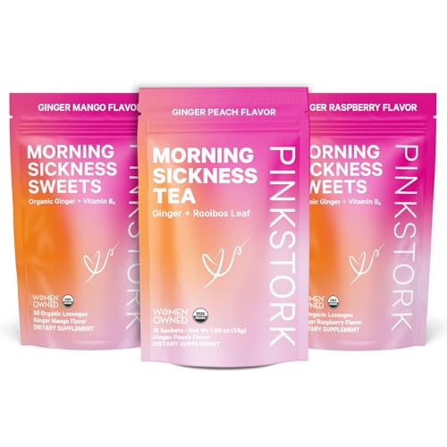 Pink Stork Morning Sickness Bundle with Organic Ginger Peach Tea and Sweets, Supports Morning Sickness for Pregnant Women, Digestion, and Motion Sickness, 1st Trimester Pregnancy Must Haves, Set of 3