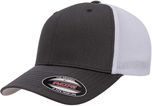Flexfit 6511 Fitted Mid-Profile Stretchable Mesh Panels Trucker Cap | Bulk Pack Available (Charcoal/White, S/M)