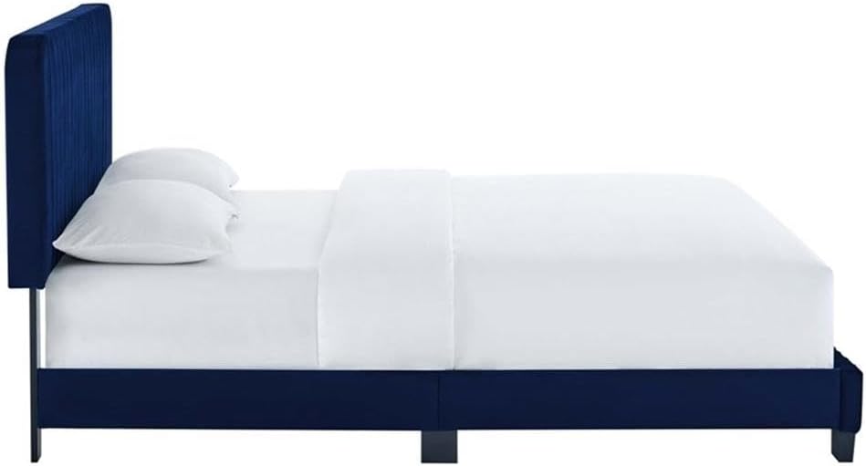 Pemberly Row Twin Platform Bed, Channel Tufted Performance Velvet Upholstery, Solid Wood Frame, Navy Finish, 43.5" H x 43" W x 81.5" D, Sturdy Mattress Support for Kids or Guest Bedroom Use