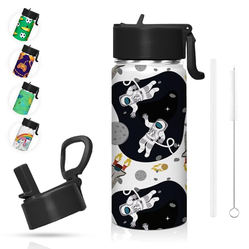 BuyOn Kids Water Bottle 500ml Stainless Steel Hydro Flask Double Wall Insulated Thermos Bottle with Straw Lid BPA Free Cup Hot Cold Sports Toddler School Boys Girls 17oz (ASTRONAUT 500ML)