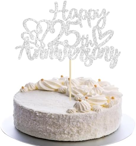 Gyufise 3 Pack Silver Glitter Happy 25th Anniversary Cake Toppers 25th Birthday Anniversary Cake Decorations for 25th Wedding Anniversary Birthday Party Decorations