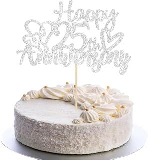 Gyufise 3 Pack Silver Glitter Happy 25th Anniversary Cake Toppers 25th Birthday Anniversary Cake Decorations for 25th Wedding Anniversary Birthday Party Decorations