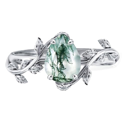 Wasee Natural Moss Agate Ring 925 Sterling Silver Green Pear Moss Agate Engagement Ring Leaf Wedding Promise Ring Jewelry Gift for Women,Ring Size 6 by Wasee - Used condition - Image 2