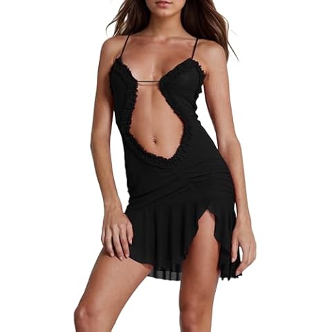 ISZPLUSH Women's Sleeveless All Mesh Dress Sexy Mini Tassel Cut Out See Through Dress High Slit Ruffle Hem Mesh Club Dress S-Black Cover