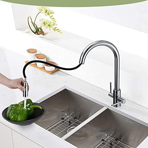 Kitchen Taps with Pull Out Spray, Hapilife Kitchen Mixer Tap Dual Lever High Arc Taps for Kitchen Sink with 360° Swivel Spout Kitchen Sink Tap with Pull Down Sprayer Twin Lever Chrome