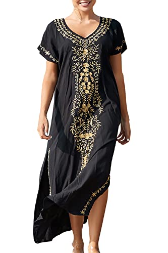 L-Peach Women's Floral Embroidery Kimono Long Dress Maxi Kaftan Summer Beach Boho Cover up Tops, B Black Golden, One Size