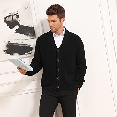 Nitagut Mens Cardigan Sweater Long Sleeve Shawl Collar Cardigan Sweater Stylish Cable Knit Button Up Sweater,Black,L #TOP1