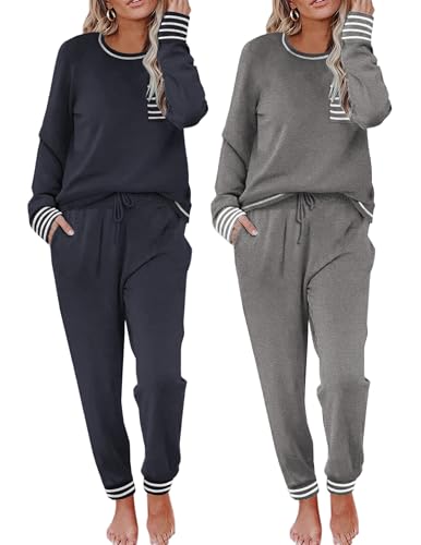 Ekouaer 2 Pack Womens Pajama Sets Long Sleeve Lounge Sets Soft Pj Sleepwear Loungewear