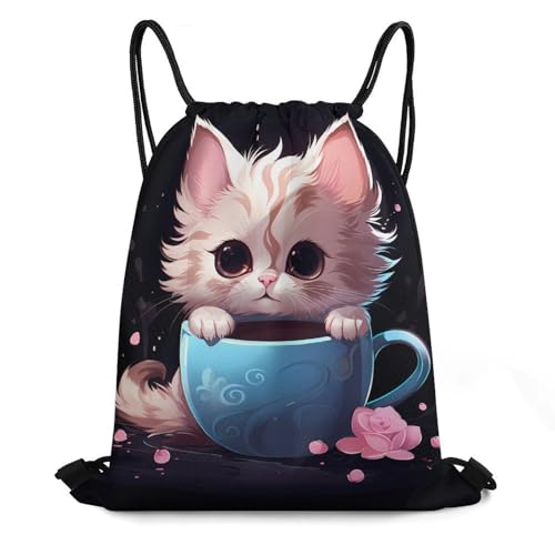 Cup Cat in Teacup Drawstring Backpack Durable Sport Gym Bags Daypack for Men Women 35 * 42cm
