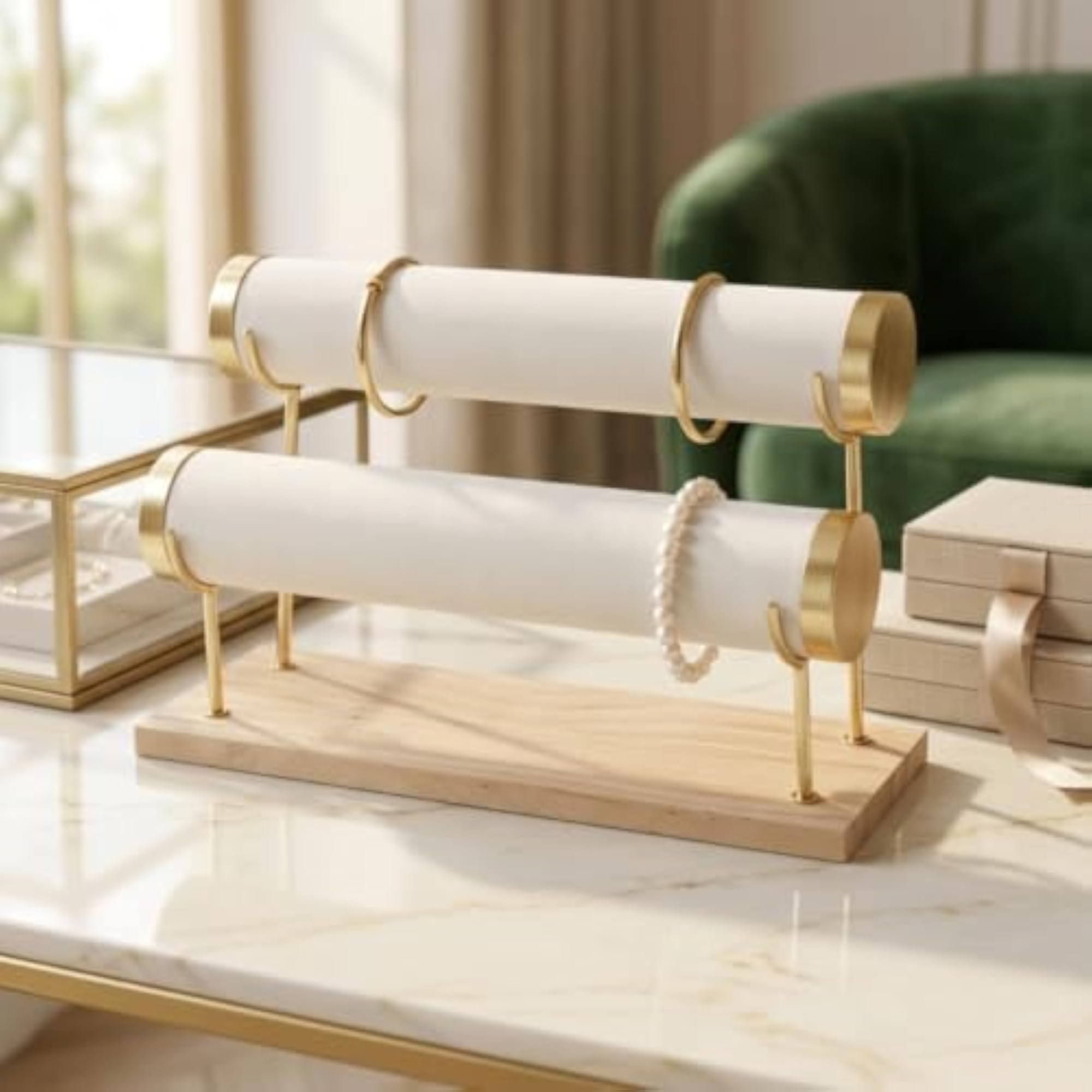 Double-Tier Bracelet Display Stand, Leather-Wrapped