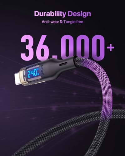 VisionSync 240W USB C to USB C Transparent Cable with LED Display Compatible with 140W 100W Fast Charging for MacBook Pro,lPhone 16/15/15Pro/15ProMax,Galaxy S23+/S23Ultra/S22,10ft 2Pack,Black