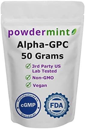 powdermint Alpha-GPC Powder 50 Grams - Choline, Non-GMO, Vegan, Third Party US Lab Tested - Support Memory and Focus - Scoop Included