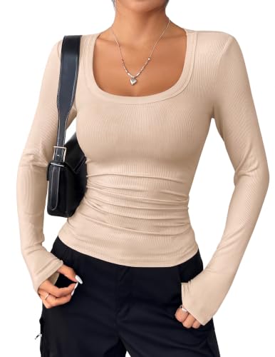 Image of Hotouch Womens Long Sleeve T Shirt Slim Fit Ribbed Shirts Elegant Top