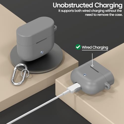 Image of Sounce Silicone Case Cover for Boat Airdopes 91 Prime, Soft Protective Shockproof Shell with Anti-Loss Keychain Clip, Dustproof and Scratch-Resistant Design, Secure Fit with Protection - Grey