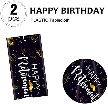 2 Pack Plastic Happy Retirement Tablecloth, Black and Gold Happy Retirement Party Decorations, Plastic Disposable Rectangle Table Cover for Retirement Party, 130 x 220 cm