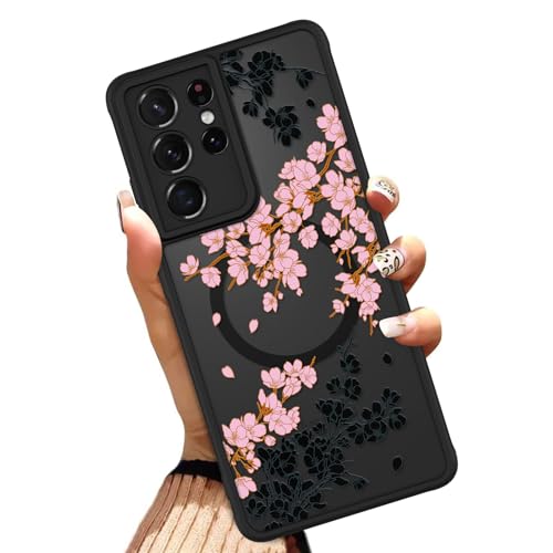OOK Phone Case Fit for Samsung Galaxy S21 Ultra 6.8 Inch, Pink Flowers