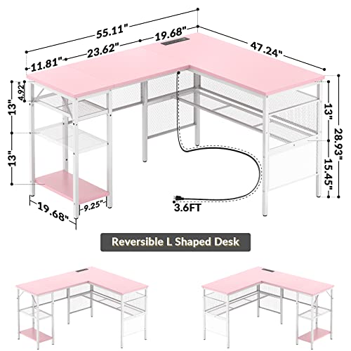 Unikito L Shaped Computer Desk With Power Outlet And Usb Charging Port, Reversible L-Shaped Office Desks With Storage Shelves, Unique Grid Design, 2 Person Corner Desk For Home Office, Pink #TOP2