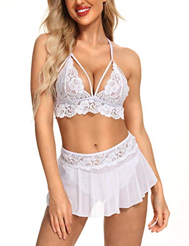 Genhoo Sexy Lingerie Sets for Women Naughty 3 Piece Lace Bralette, Mini Skirt with G-String Lingerie Babydoll Set (White, Medium)