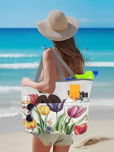 Mesh Beach Bag Oversized Tote Bags for Women Butterfly Spring Flower Gradient Large Travel Pool Bags with 8 Pockets3