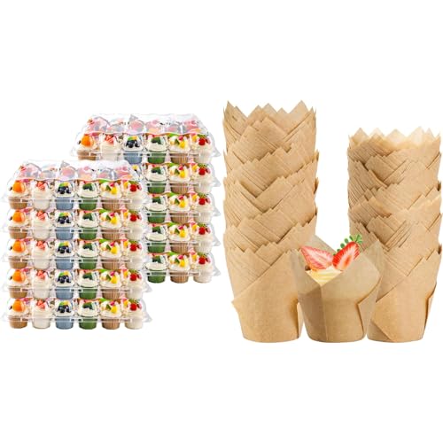 NPLUX Bundle of 24 Count Cupcake Containers 10 Pack and 200PCS Parchment Tulip Cupcake Liners for Gift Giving