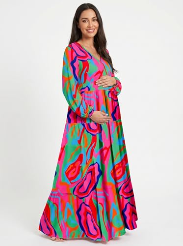 Image of BLENCOT Womens Casual Boho Floral Printed V Neck Long Sleeve Long Maxi Dress Spring Summer Dresses