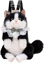 Kitty Furry Backpack, Plush Cat Design with Lace Collar and Grey Bow Handcrafted Plush Cat Fashion Accessory & Unique Gift for Cat Lovers