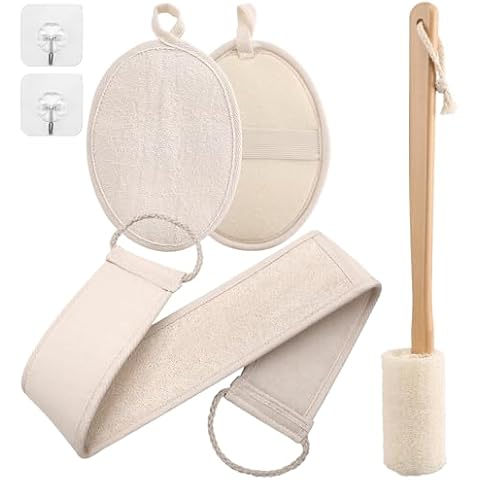 4 Pack Loofah Exfoliating Back Scrubber Set Natural Loofah Sponge Pad Long Wooden Handle Loofah Luffa Loofa Bath Brush Double Side Scrubbing Strap Back Scrubber Cover