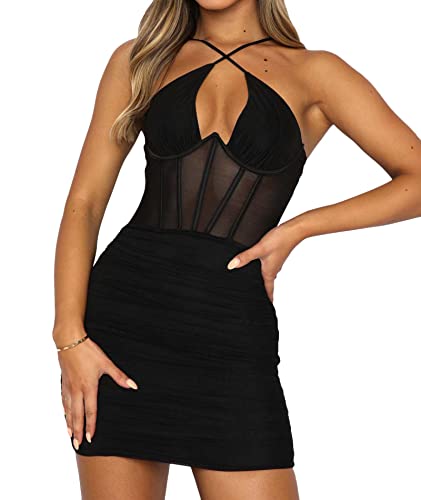 Sexyshine Women's Halter Sleeveless Bodycon Mesh Dress Sexy Backless Cross Ruched Corset Party Club Mini Dresses(30176BL,S) Black