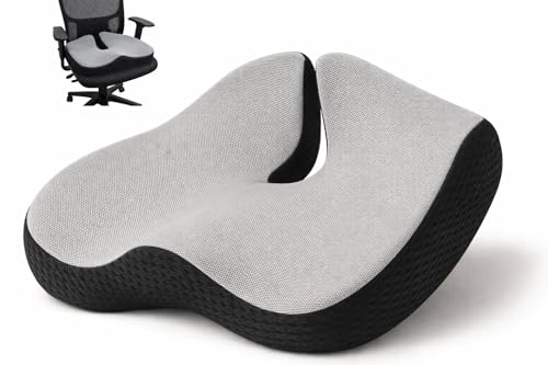 Image of Grin Health Coccyx Pro Large Thick Seat Cushion - Comfort Seating Memory Foam for Tailbone & Back Pain Relief, Orthopedic Chair Cushion for Office, Car, Home & Wheelchair Sitting (Grey)