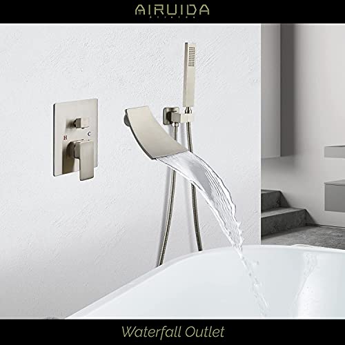 Airuida Brushed Nickel Wall Mount Kitchen Faucet With Sprayer 8 Inch Center Double Cross Handles Matching With Wall Mount Bathtub Faucet Brushed Nickel With Handheld Shower Sprayer Waterfall Spout #TOP4