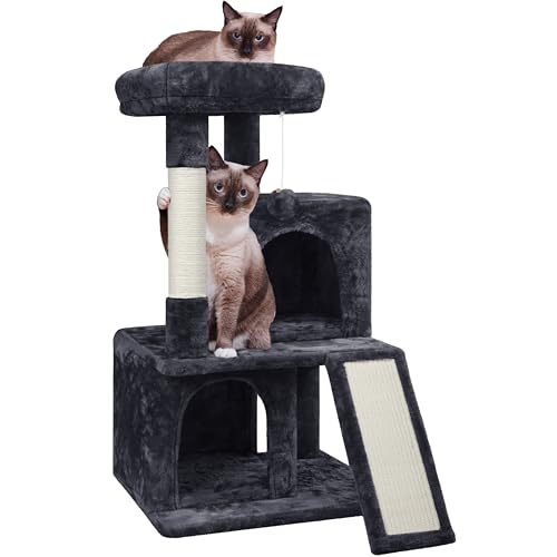 Yaheetech 3 Niveles Árbol Rascador para Gatos 49x45,5x92 cm Actividades para Gatos con Casas para Gato Plataforma y Poste Tablero para Rascar Negro