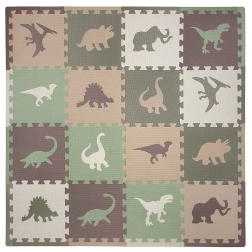 Image of Tadpoles Foam Playmats for Kids, 16 Interlocking Foam Tiles, Total Floor Coverage 50” x 50” (16 Sq Ft), For Ages 3 and Up, Dinosaur Print (Green/Brown)
