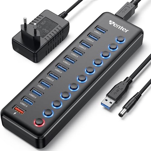 Powered USB Hub, Wenter 11-Port USB Splitter Hub (10 Faster Data Transfer Ports+ 1 Smart Charging Port) with Individual LED On/Off Switches, USB Hub 3.0 Powered with Power Adapter for Mac, PC by WENTER - Used condition - US$27.07