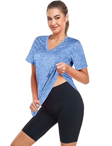 Yoga Shirts For Women Breathable Hiking T Shirt V Neck Workout Stretch Tees Active Jersey Blue #TOP2