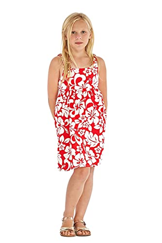 Girl Elastic Strap Empire Waist Dress in Classic Hibiscus Red 10 Year Old