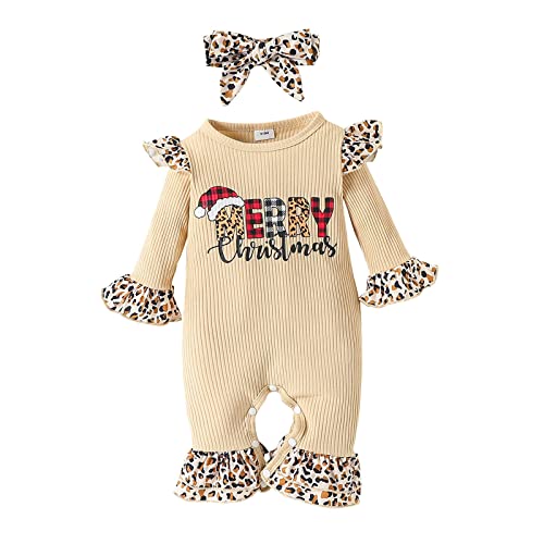 Voyoao Infant Girls Flare Sleeve Christmas Romper Xmas Letter Leopard Printed Jumpsuit Headbands Jumpsuit (Beige, 12-18 Months) #TOP12