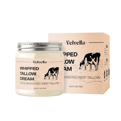 Velvella Beef Tallow for Skin - 100% Organic Grass-Fed Tallow Face Moisturizer & Cream | Unscented, Face + Body, Eczema & Rosacea, 4 FL. oz Natural Nourishment