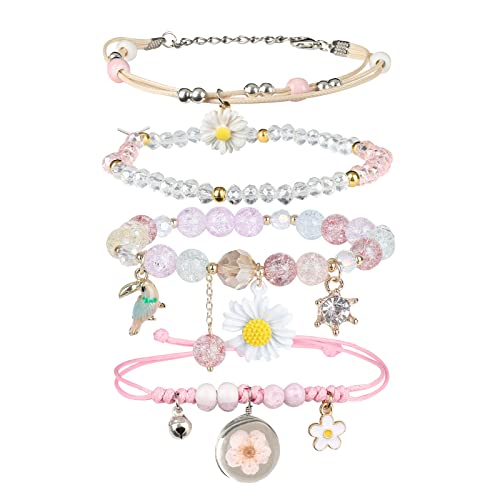 Image of 4 Pcs Beaded Cute Bracelets for Teen Girls Women, Dainty Cute Cartoon Crystal Beads Pearl Stretch Charm Handmade Adjustable Anklets Bracelet Set Birthday Gift for Friends
