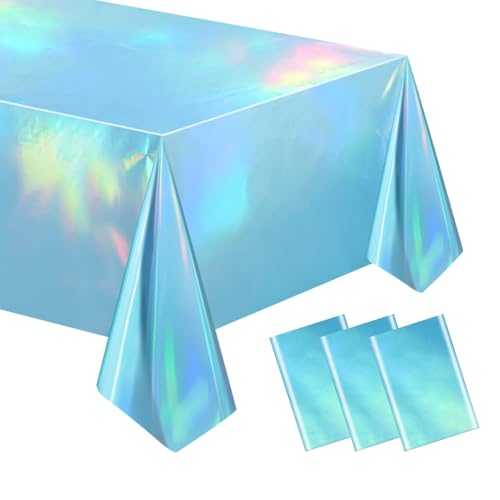 mwellewm 3 Pack Iridescent Blue Tablecloth Pastel Ocean Holographic Table Cloth Light Baby Blue Disposable Laser Plastic Rectangle Table Covers for Birthday Wedding Shower Party Decoration 54 X 108 by mwellewm - Used condition - US$7.83