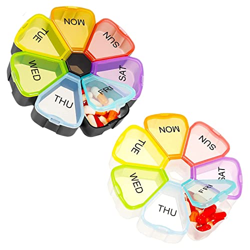 Qeedee - 2 Pack Weekly Pill Organizer, Qeedee Large Daily Round Pill Box Case 7 Day Portable Travel, Pill Dispenser with Large Compartments for Pills Vitamins Fish Oil Supplements, Rainbow