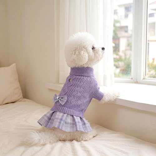 Image of YUDODO Small Dog Sweater Dress with Bowtie Turtleneck Knitted Pet Clothes