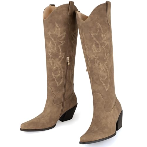MISSMILLER Women's Embroidered Wide Calf Western Cowgirl High Knee Boots Pull On Pointed Toe Cowboy Tall Boots for Ladies