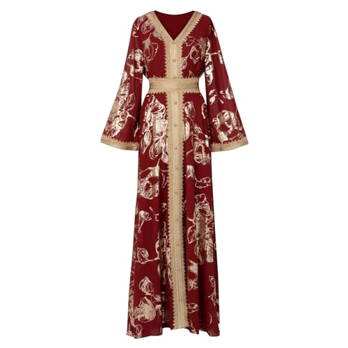 Amxleh Damen Muslimische Kleid V-Ausschnitt Blumen Stickerei Lang Abendkleid Elegant Kaftan Traditioneller Gebetskleidung Outfit Arabisch Gebetskleid...