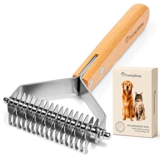Freshly Bailey Dog and Cat Dematting Deshedding Brush Tool - Double Sided Undercoat Rake Shedding Comb Mat Remover Deshedder Safe Detangler for Matted Hair/Fur