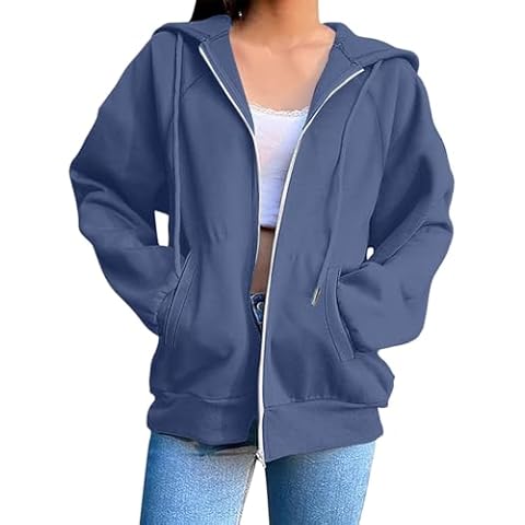 KUIH Zip Up Sweatshirts for Women Casual Zipped Hoodies Solid Color Loose Long Sleeve Jacket Womens Zipper Hoodies Pullover Sweaters Hooded Top Coats Activewear Ladies Outerwear Cover
